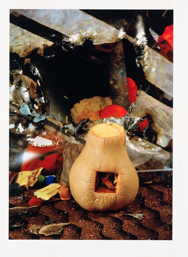 A small squashed gourd with a square cutout sits on a textured surface against a colorful torn background.