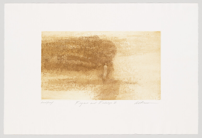 An abstract sepia-toned print featuring a solitary figure amidst textured brush strokes that suggest foliage or a natural landscape. The artwork is centered on a white background with the words "proof," "Figure and Foliage I," and a signature at the bottom.