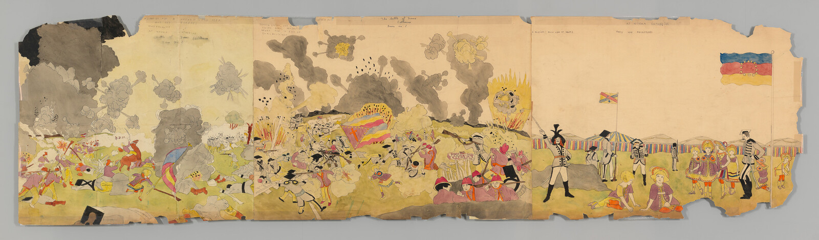 Soldiers and civilians amid explosions and smoke during a colorful battlefield scene with flags and tents.