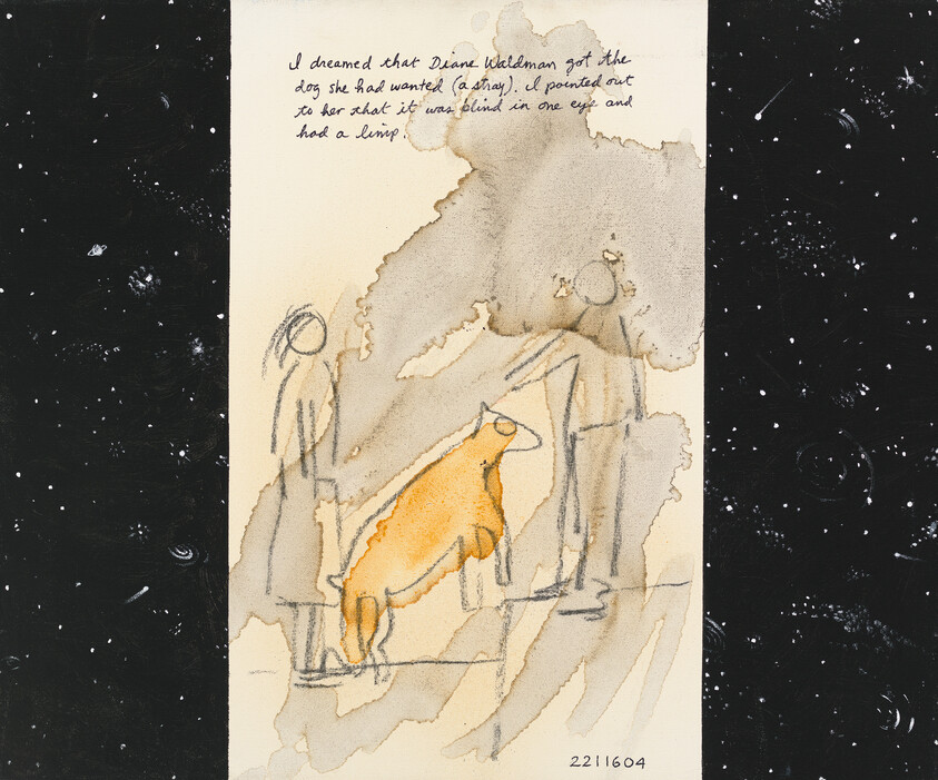 Two people stand on steps petting an orange dog with one person reaching out.