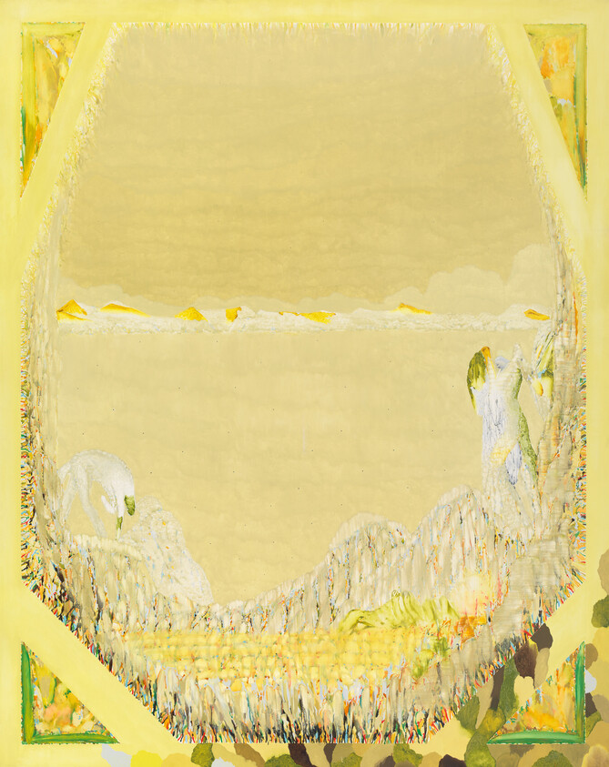 Abstract yellow painting with textured layers and swan-like figures along the lower edges.
