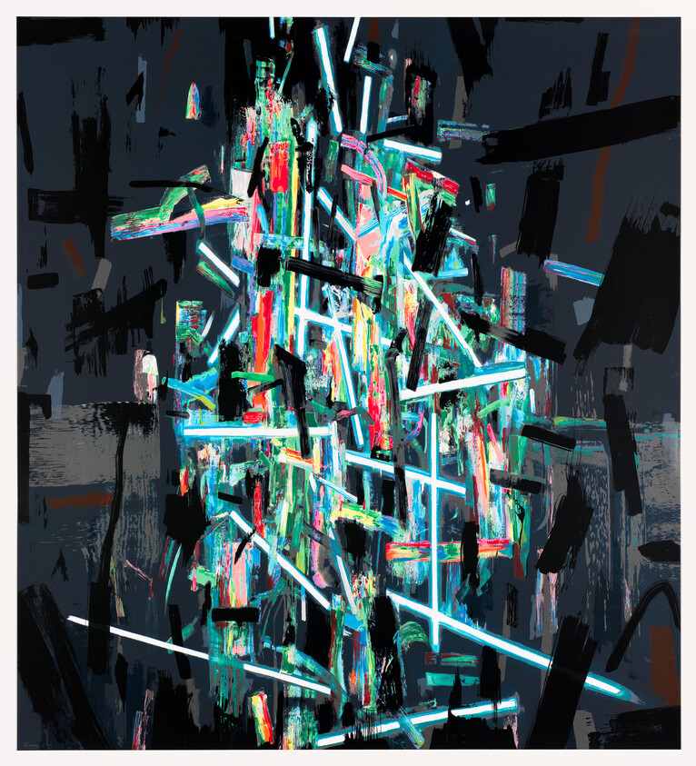 Colorful neon brushstrokes and glowing cyan lines form a chaotic vertical cluster against a dark background.