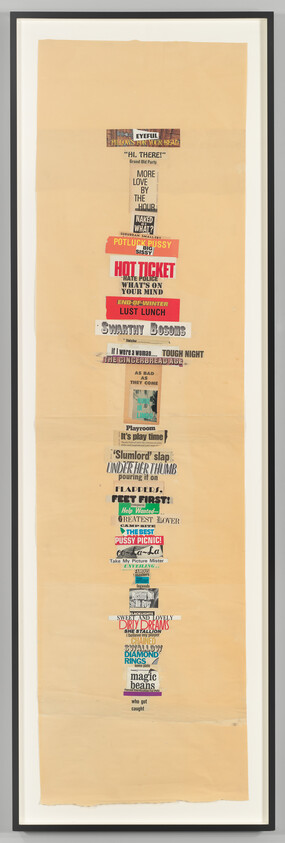 Vertical collage of colorful vintage ticket stubs and show labels stacked on a tall beige poster.