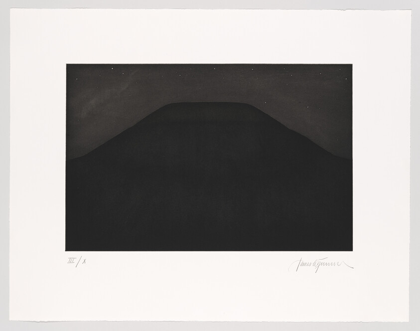 A minimalist artwork depicting a dark silhouette of a mountain against a night sky sprinkled with stars. The image is centered on a white background with a signature on the bottom right and edition numbers on the bottom left.