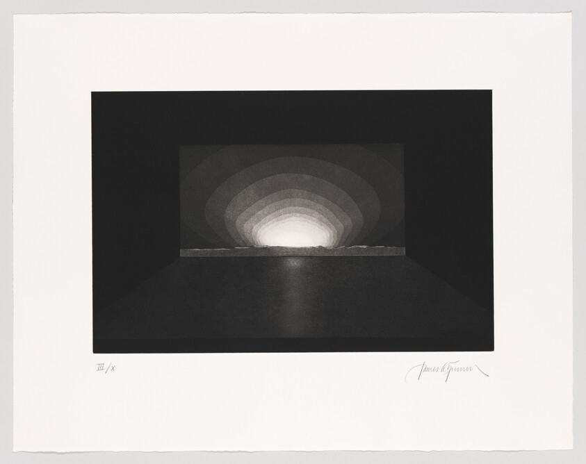 Black and white abstract print showing concentric circles diminishing towards a central light source, with artist's signature at the bottom.