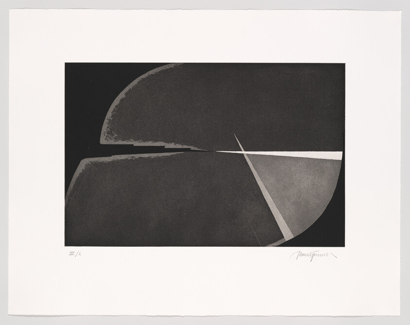 Abstract black and white print with curved shapes and diagonal lines on a white background, signed by the artist.