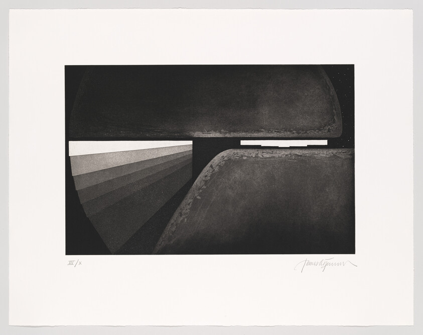 A black and white abstract print featuring geometric shapes and contrasting textures. The left side shows a triangular form with horizontal stripes, while the right side depicts a dark, textured space with a central rectangular gap. The artwork is signed in the bottom right corner and numbered in the bottom left.