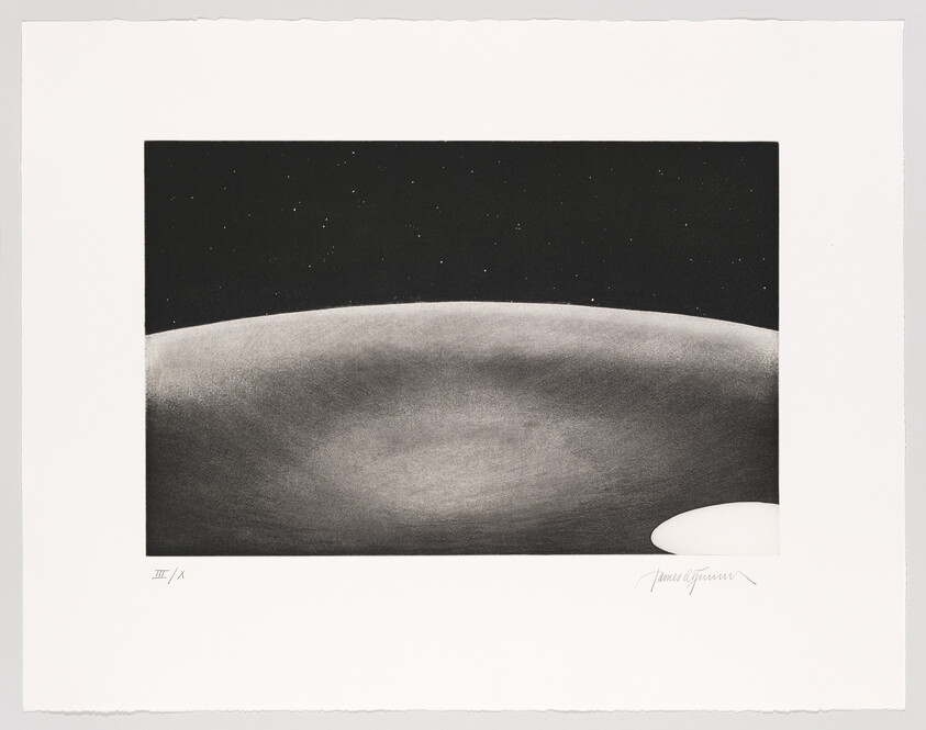 A black and white print depicting a celestial scene with a textured lunar-like surface in the foreground and a star-filled sky above. The lower right corner features a signature, and the lower left corner has a fraction, possibly indicating the print number in a series.