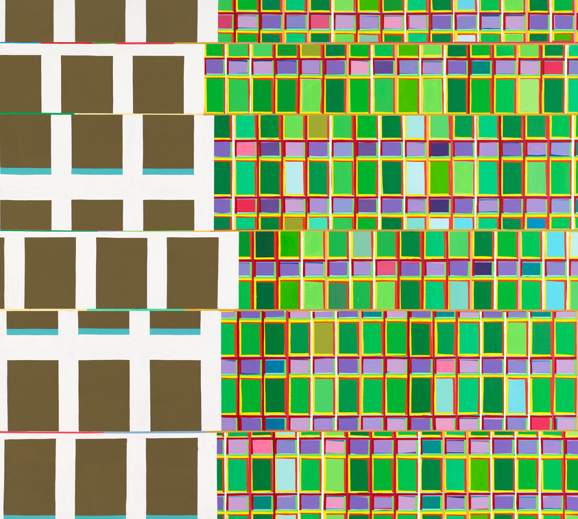 A colorful geometric pattern consisting of multiple squares and rectangles in various shades of green, brown, purple, and other colors, arranged in a grid-like structure, with some squares outlined in white.