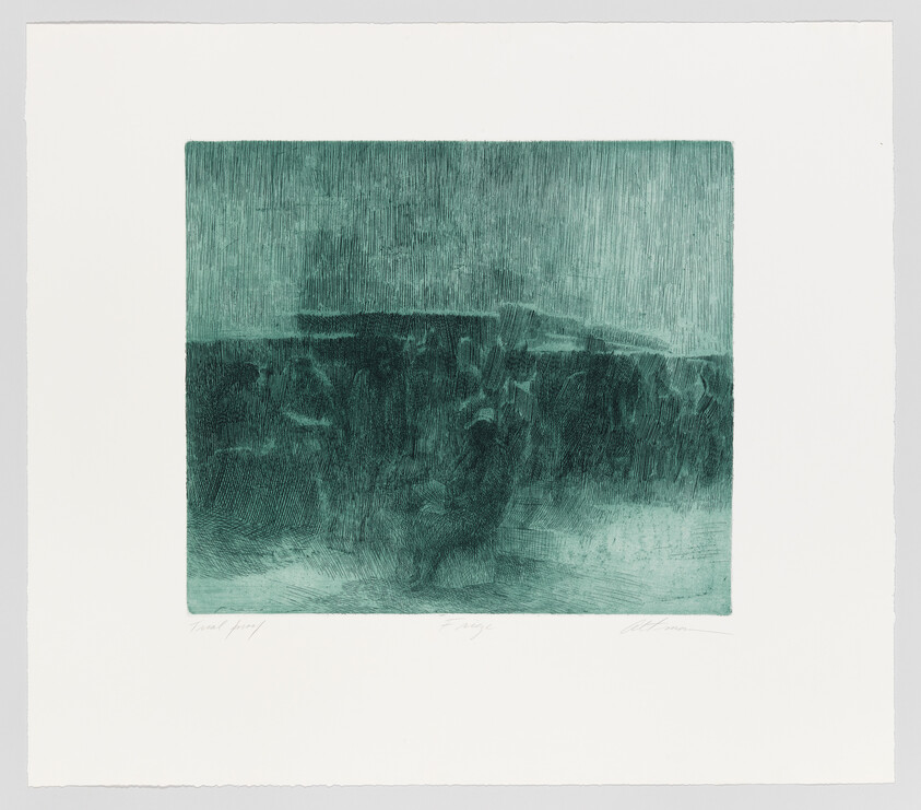 A teal-toned abstract print with layered textures suggesting a horizon or cliff face.