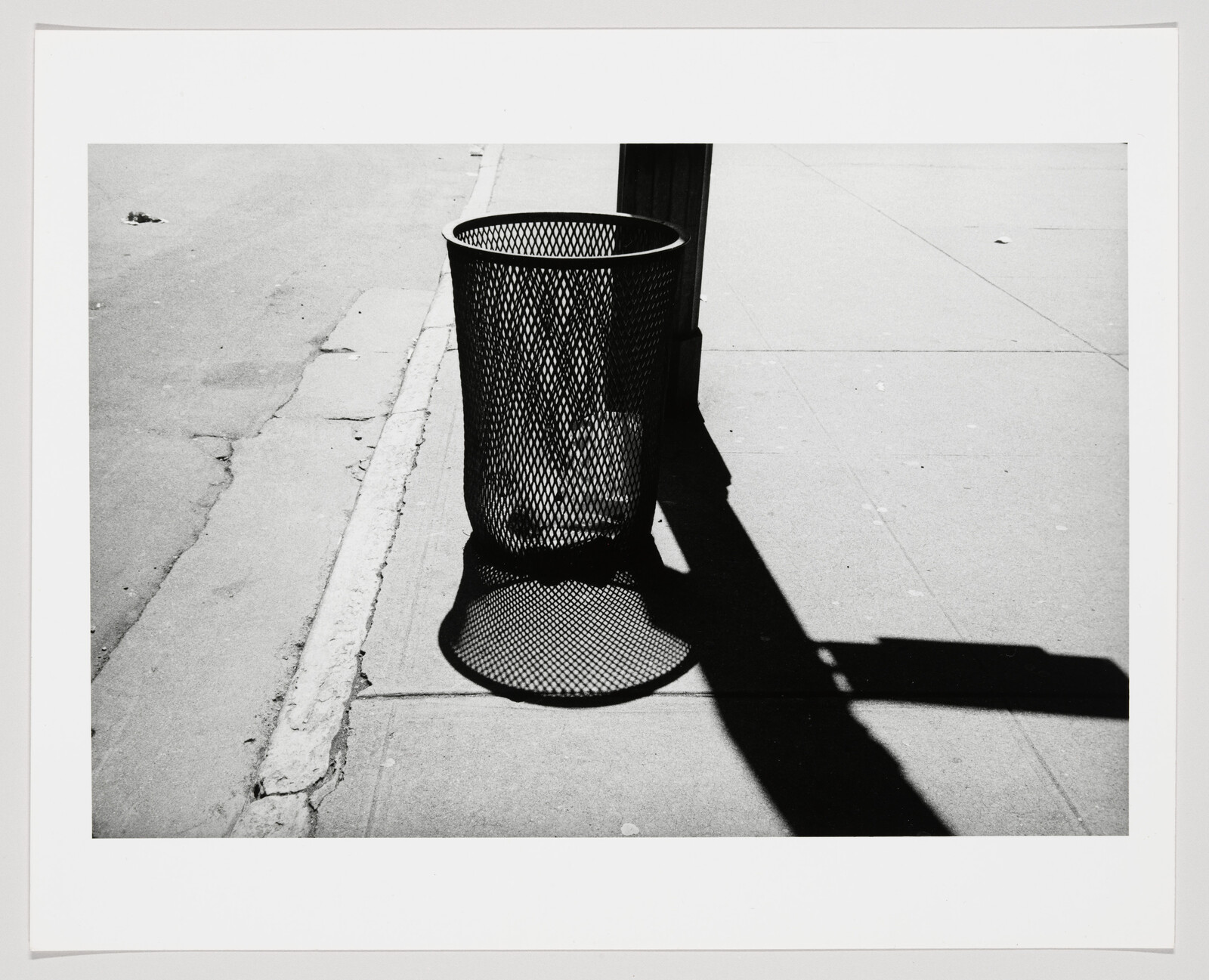 A metal mesh trash can on a sunny sidewalk casting a patterned shadow across the pavement.