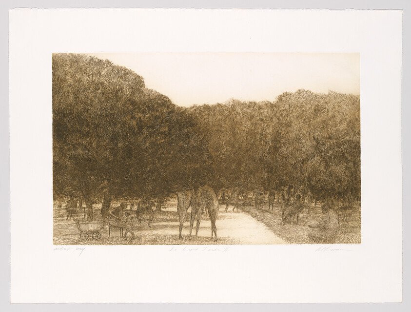 People sit and walk under dense trees while two horses stand near a shaded park path.