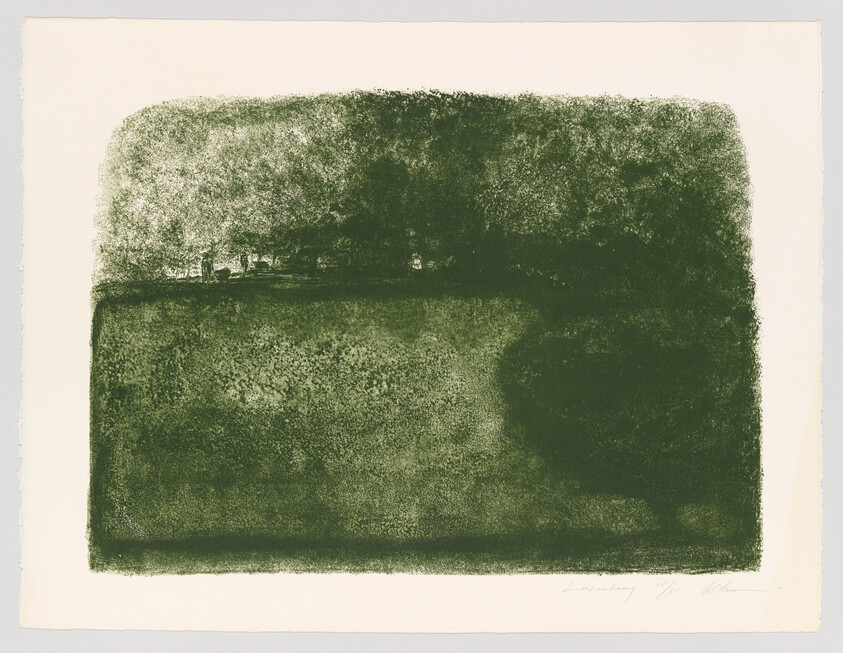 A dark green textured abstract landscape suggesting a field with a distant tree line and sky.