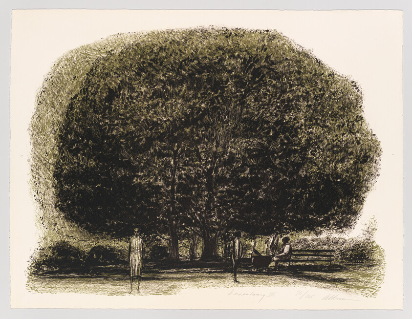 A massive leafy tree with three people standing nearby and two sitting on a bench.