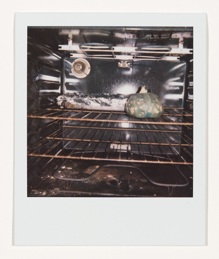 A small green pumpkin and a foil-wrapped dish sit on a middle oven rack.