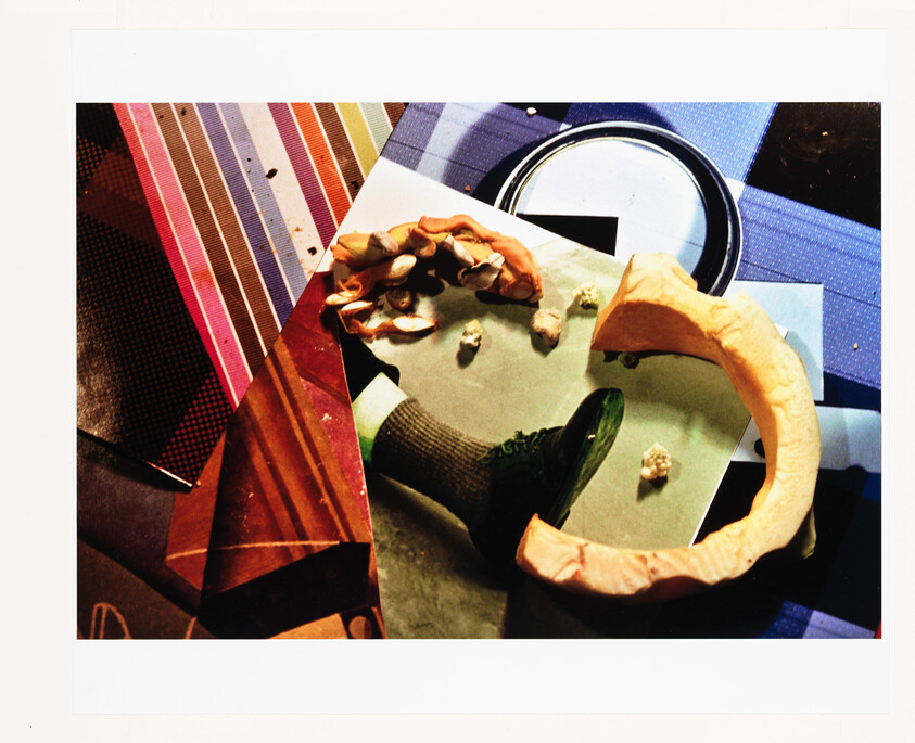 A collage of various items including a circular piece of bread, peanut shells, and a tin lid on a background of colorful striped and patterned papers.