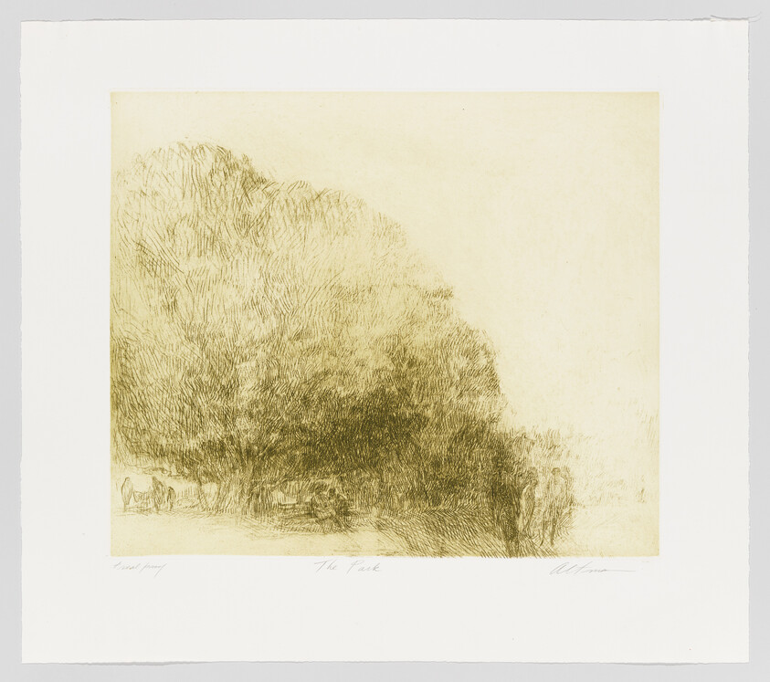 A soft sepia etching shows dense trees by a sunlit path with small figures nearby.