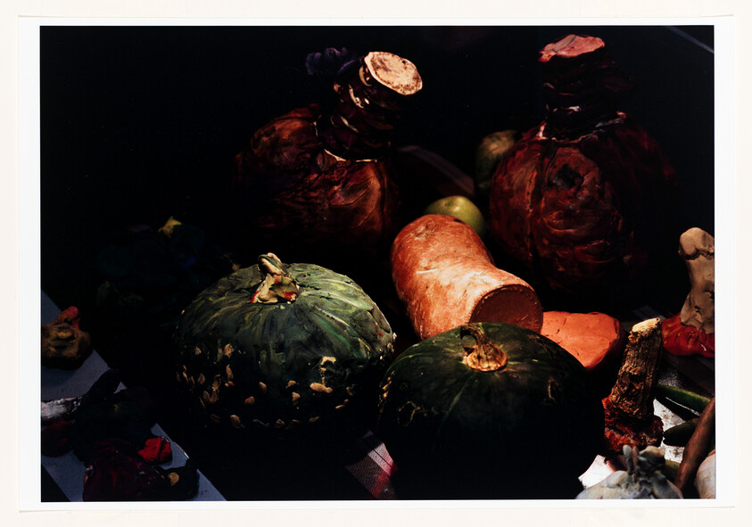 A still life photograph of various vegetables, including squashes and a carrot, with some appearing to be in a state of decay. The vegetables are set against a dark background, highlighting their vibrant colors and textures.