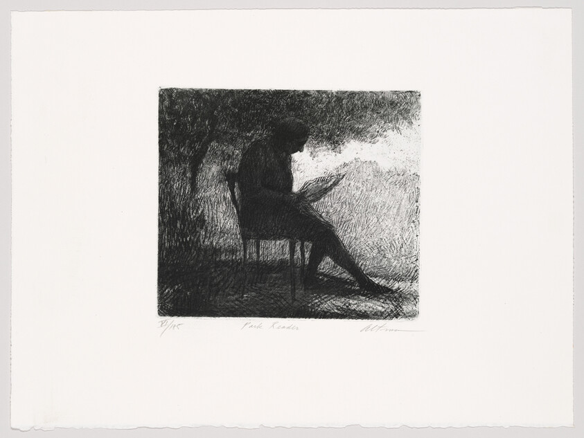 A seated figure reads a book under a tree, shown as a dark silhouette.