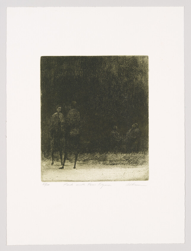 Two riders on horseback ride across a dim, grainy landscape with two seated figures in the background.