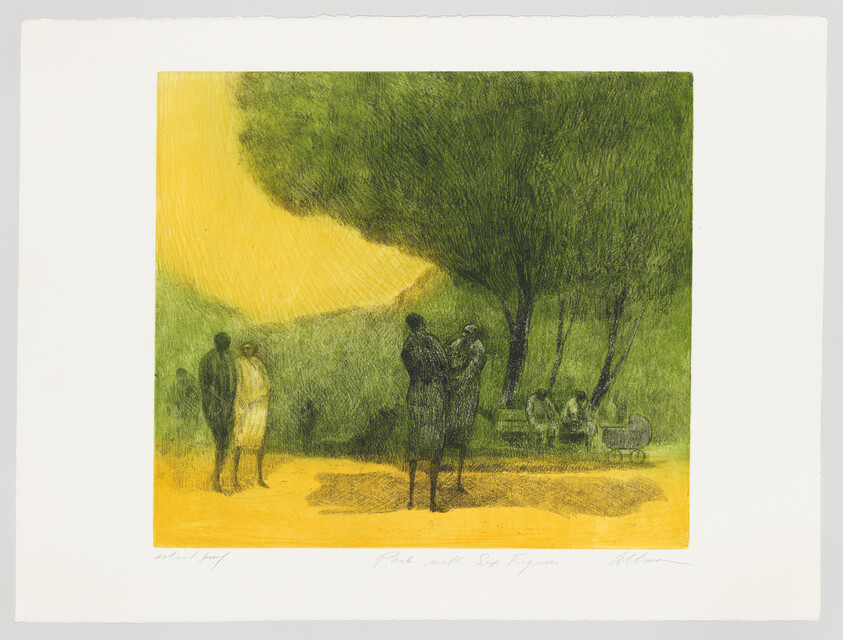 Several people stand and talk under large trees beside a bench and a baby stroller.