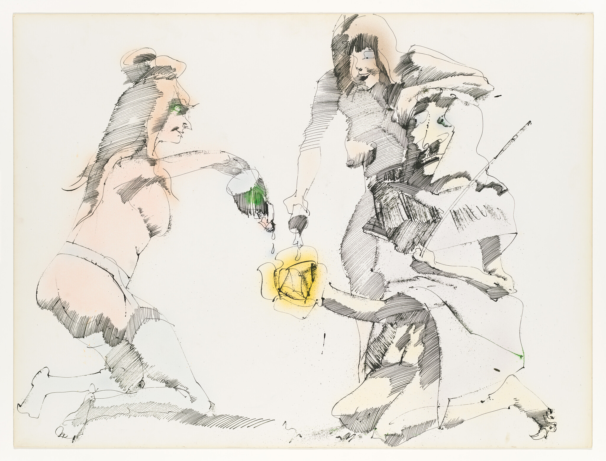 Three kneeling and standing figures interact as one pours green liquid onto a yellow rose held by another.