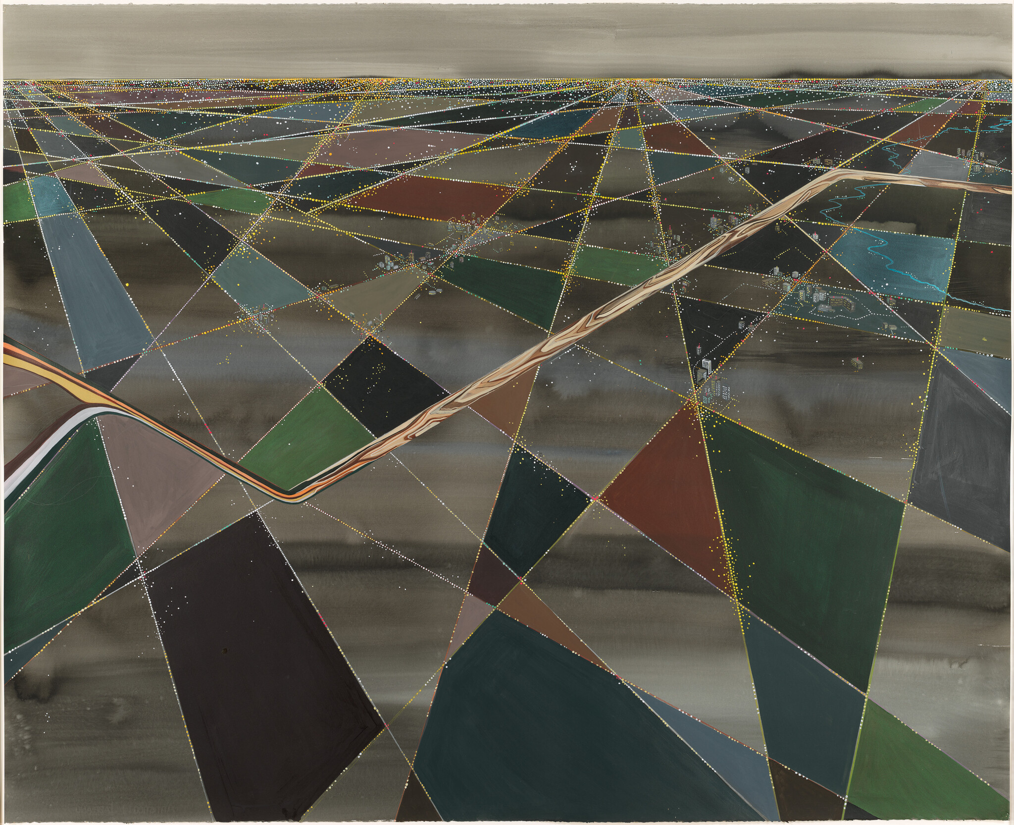 A complex abstract painting featuring a network of intersecting lines creating a multitude of geometric shapes in various shades of green, brown, and gray. The shapes are outlined with dotted lines in multiple colors, and the background has a gradient effect with a predominantly gray tone. The overall composition suggests a vast, interconnected landscape or map.