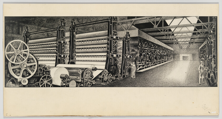Long row of large textile machines with rollers and workers in a spacious factory hall.