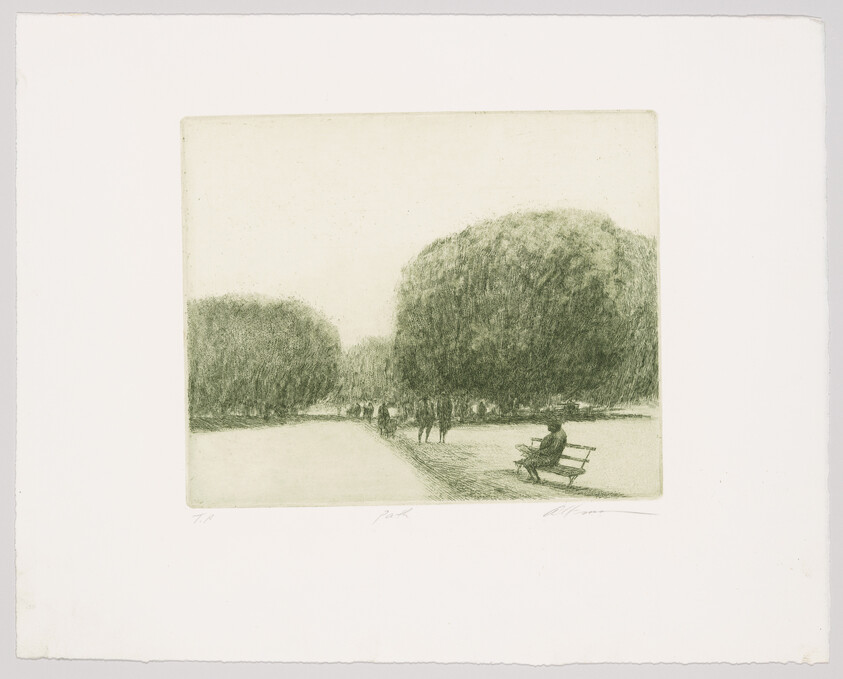 A person sits on a bench reading while others walk along a tree-lined park path.