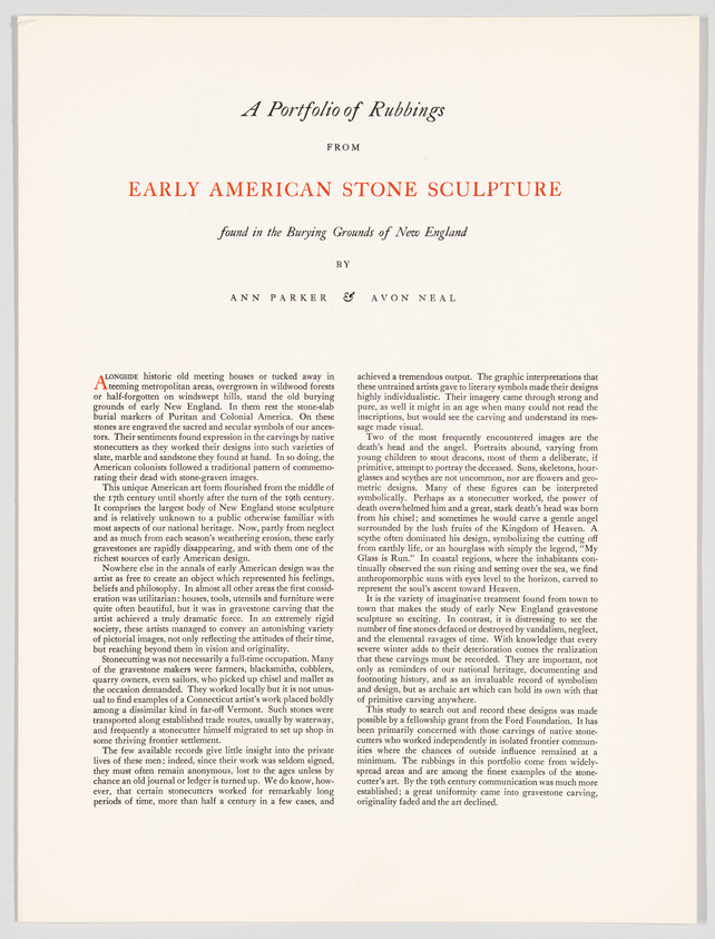 Title page for a portfolio of rubbings from early American stone sculpture found in New England.