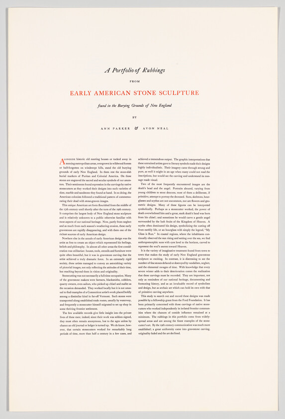 Title page reading A Portfolio of Rubbings from Early American Stone Sculpture with descriptive paragraphs.
