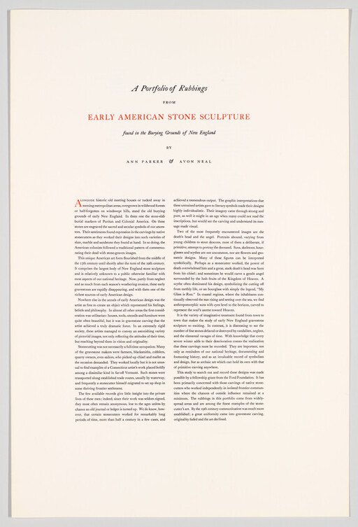 Title page reading A Portfolio of Rubbings from Early American Stone Sculpture with descriptive paragraphs.