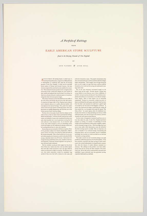 Centered title and three-column text describing a portfolio of rubbings from early American stone sculpture.