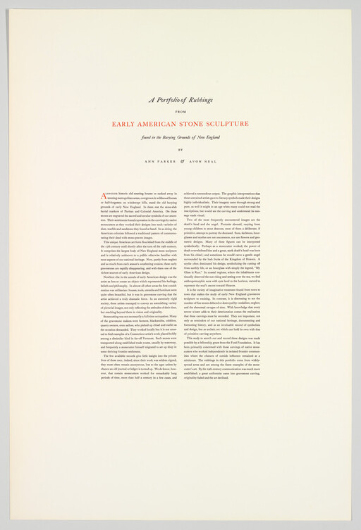 Centered title and three-column text describing a portfolio of rubbings from early American stone sculpture.