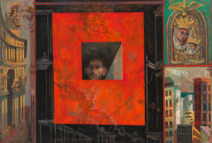 A man's face peers from a small window within a large red square surrounded by buildings and a religious icon.