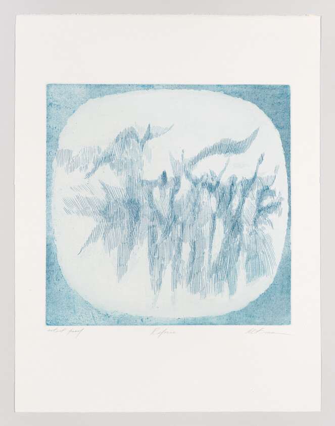 Abstract pale blue print showing vertical brushlike strokes inside a rounded rectangular field.