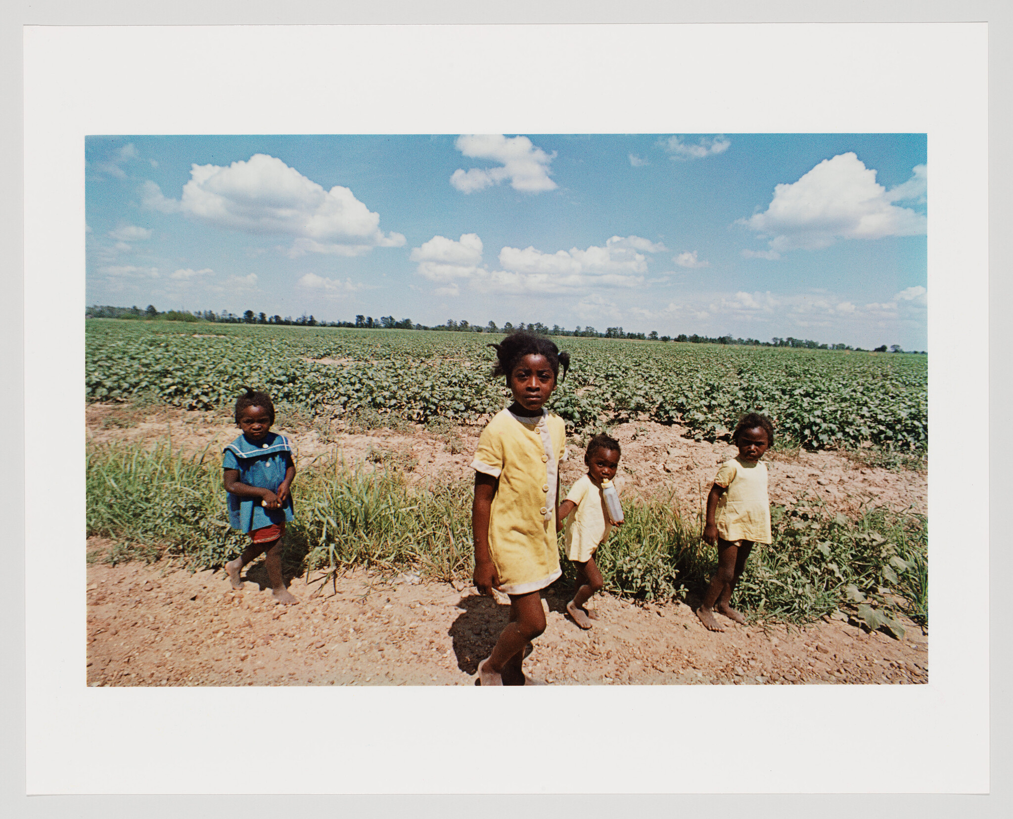 Four young children stand on a dirt road in front of a green field.