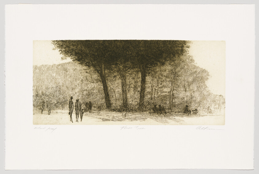 Two people walk under large trees in a quiet park while others sit and stroll nearby.