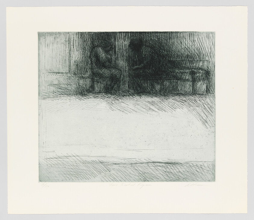 Two shadowy figures sit hunched on a bench, facing each other in a quiet, sketched room.