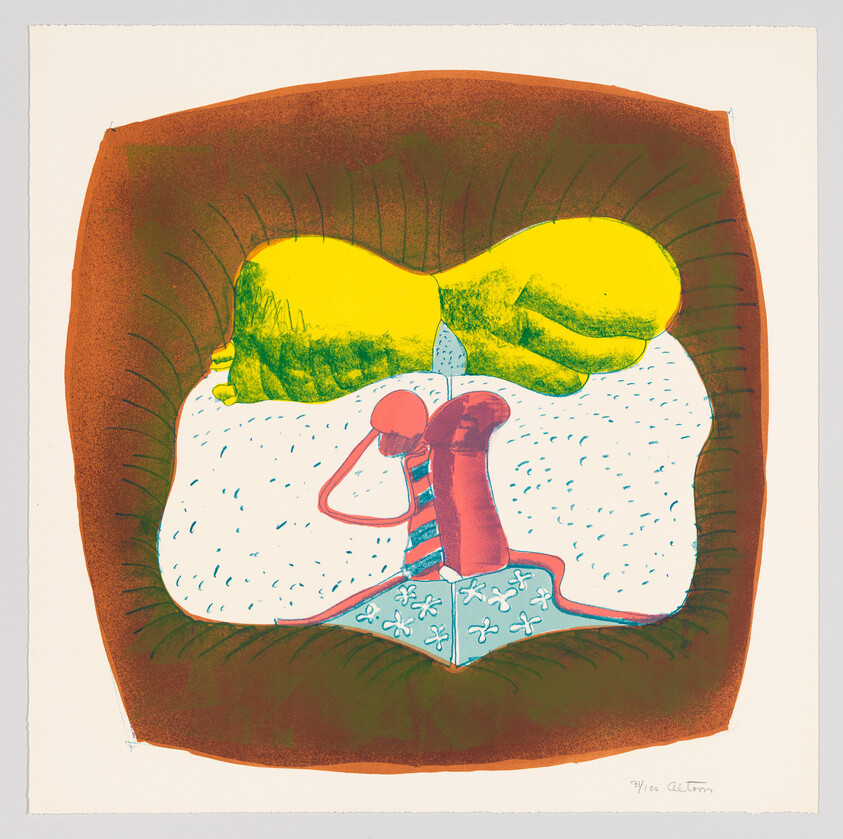 A red striped humanoid figure sits holding its head under a large yellow reclining shape on a patterned mattress.