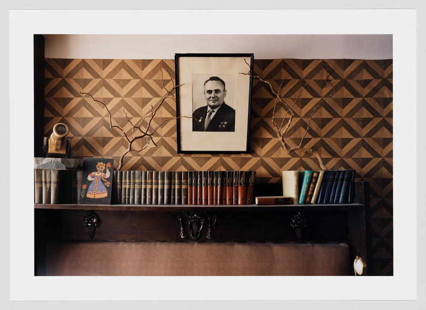 A framed black-and-white portrait of a man in military attire hangs on a wall with a geometric patterned wallpaper. Below it, a wooden shelf holds a collection of neatly arranged books, a small decorative object resembling a clown, and a vintage camera. A branch with no leaves stretches across the wall, partially framing the portrait.