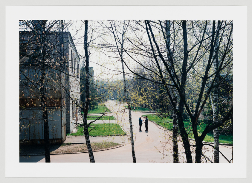 A serene spring scene with two individuals walking down a tree-lined path between buildings, with budding trees in the foreground and a clear blue sky above.