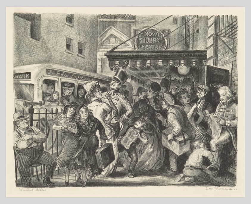 Crowded street scene of people gathering and entering the Shubert Theatre under a marquee.