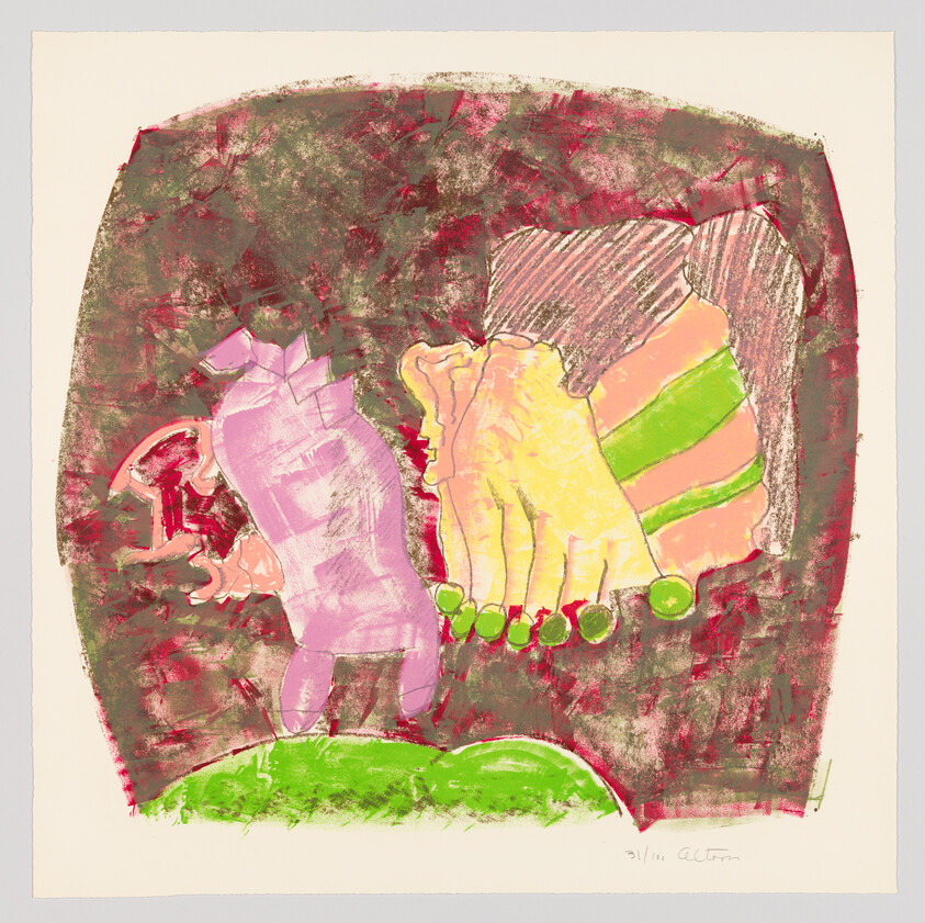 Two colorful stylized feet with green-painted toes stand against a textured pink and brown background.