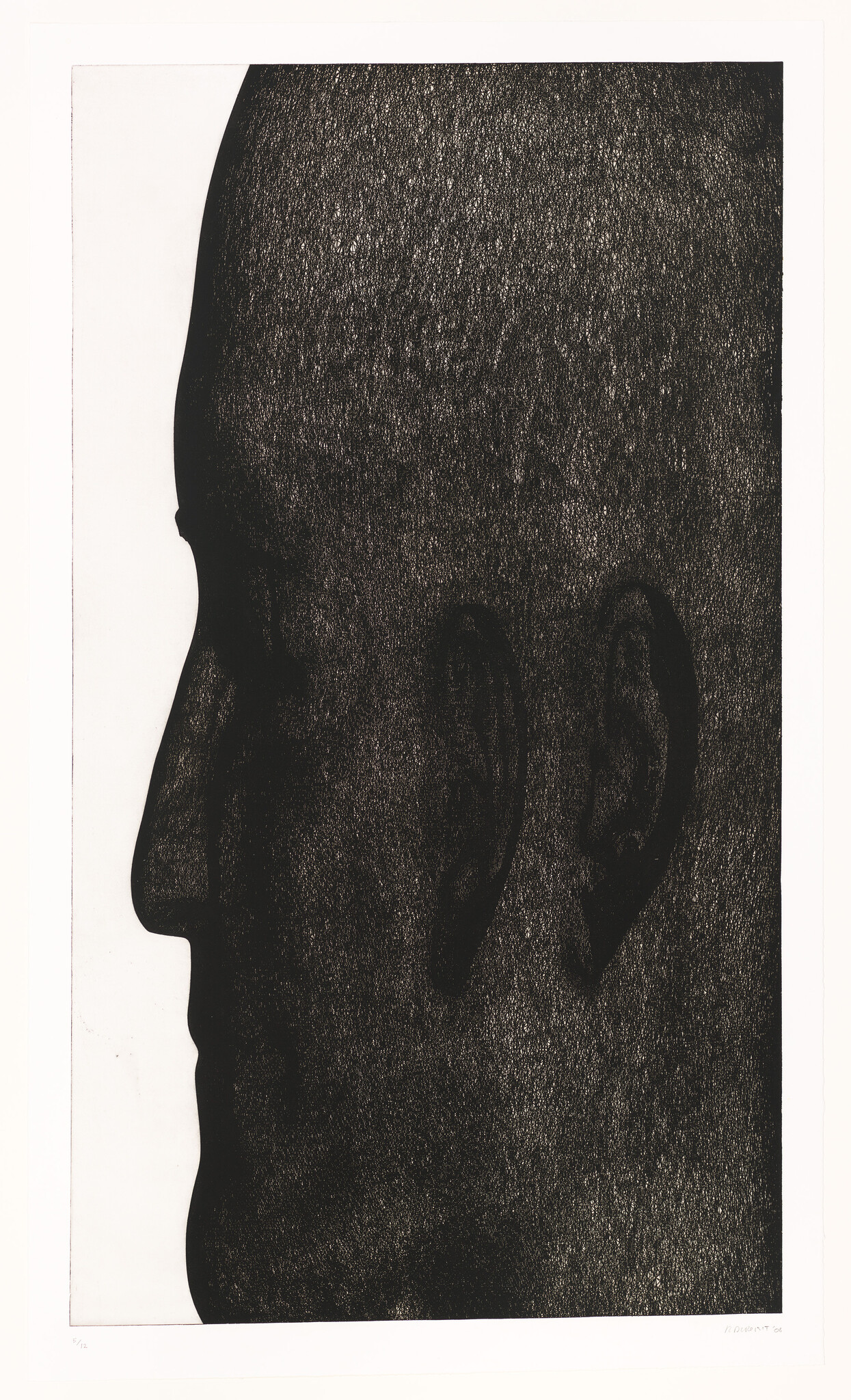 A large textured black silhouette of a human head in profile facing left.