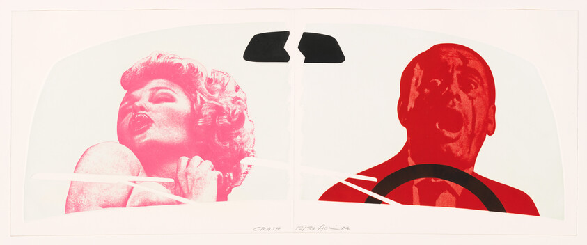 A red-tinted woman poses beside a red-tinted man screaming while driving, seen through a car windshield.