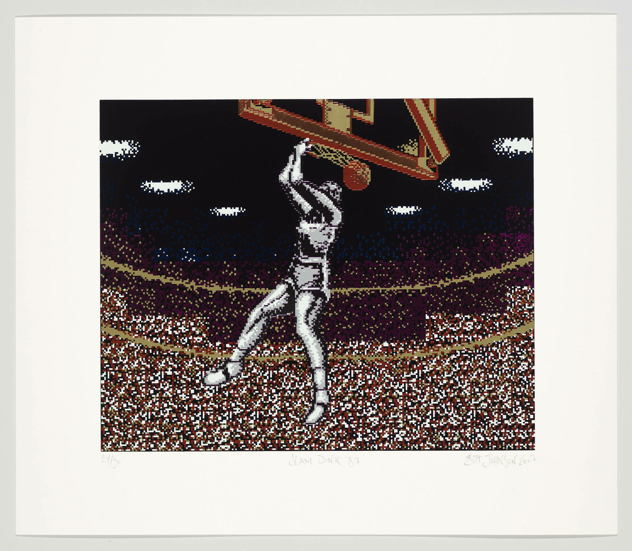 A pixelated artwork depicting a basketball player in mid-air about to perform a slam dunk, with a stylized crowd in the background and the impression of a sports arena setting. The image has a retro video game aesthetic and includes the text "SLAM DUNK '81" along with the artist's signature at the bottom.