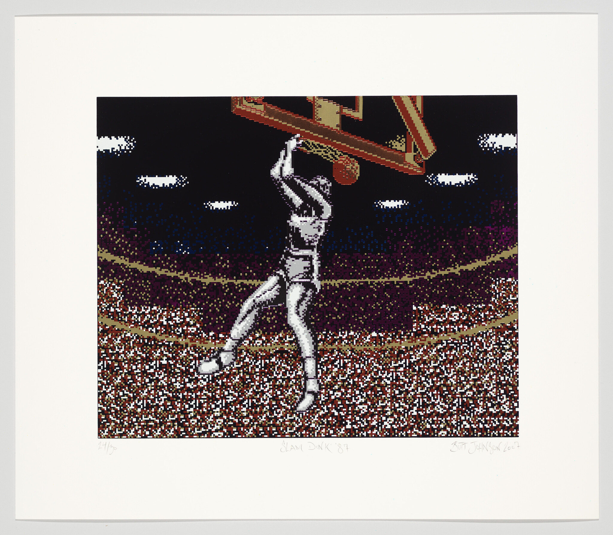 A pixelated basketball player jumps to dunk the ball into the hoop before a packed crowd.