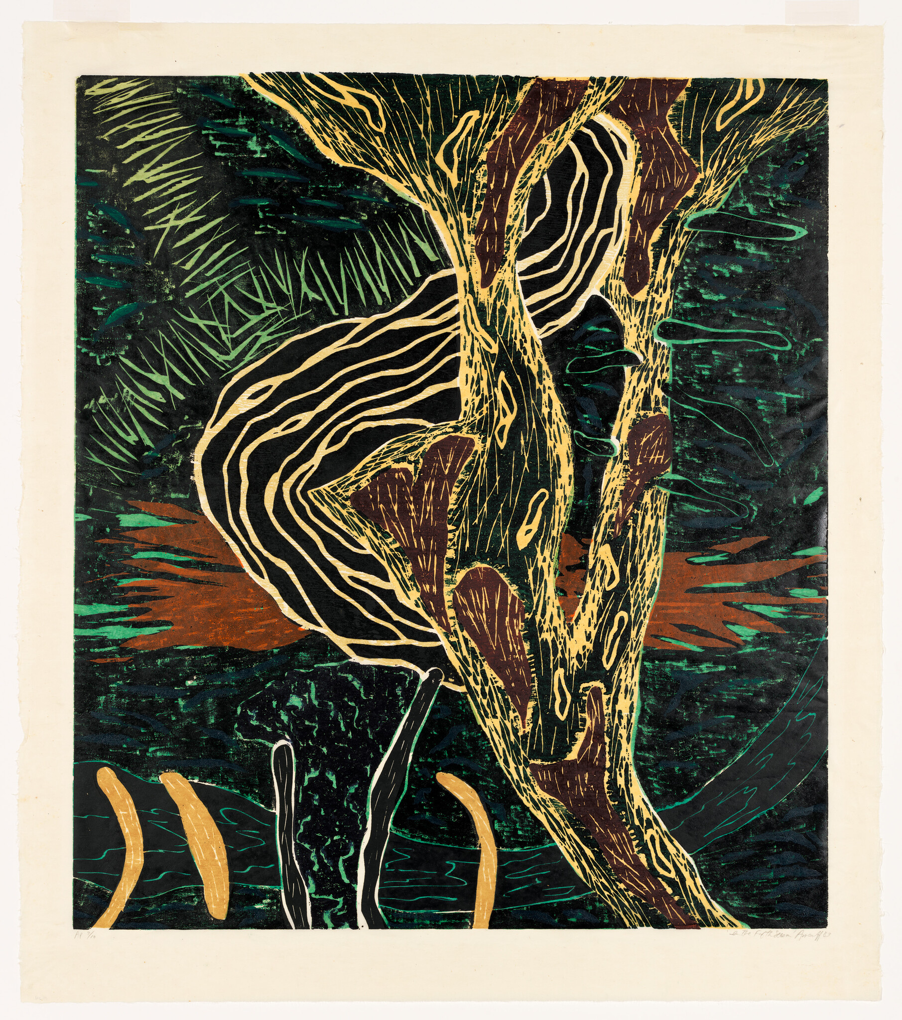 Large striped leaf and textured tree trunk entwine over a dark green forest background.