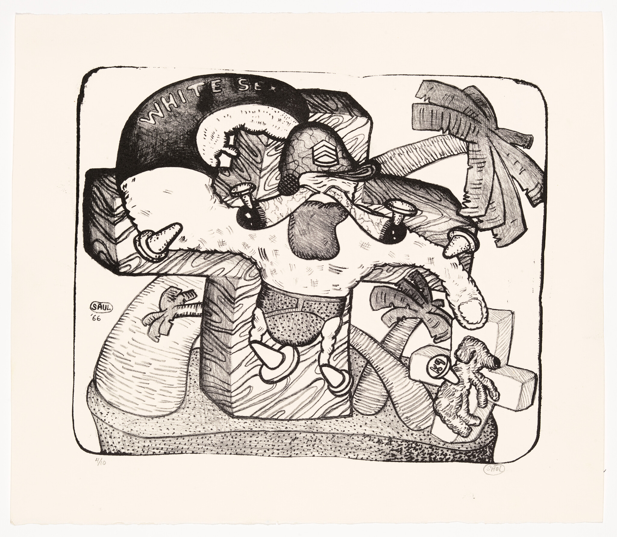 A cartoonish dog-like figure sprawled on a wooden cross surrounded by palm trees and toys.